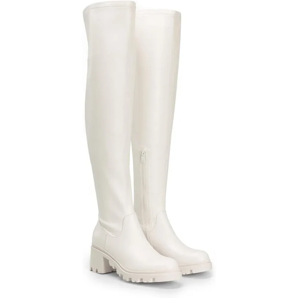 Women's White-pu Faux Leather Knee High Over The Knee High Chunky Heel Boots